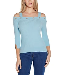 Belldini Women's Rhinestone Grommet Cold-Shoulder Sweater