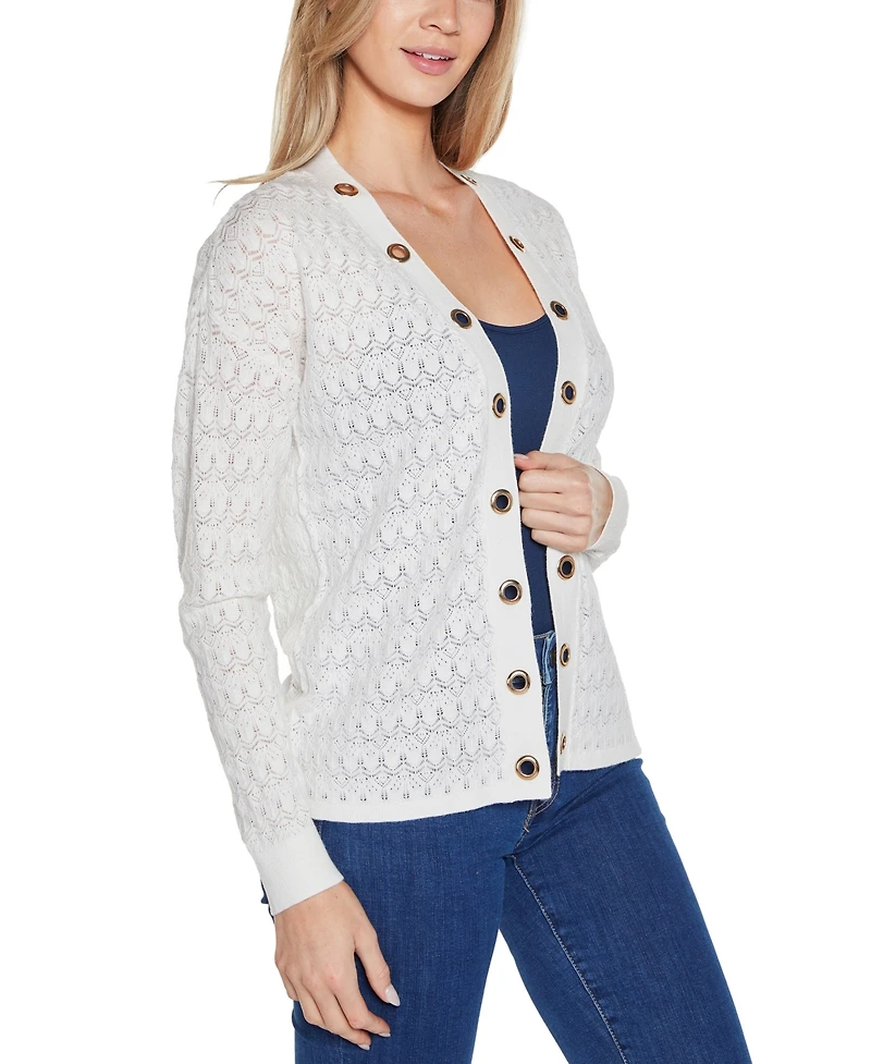 Belldini Women's Pointelle and Grommet Open Cardigan Sweater