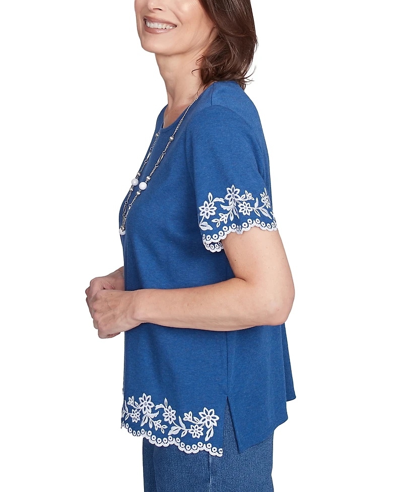 Alfred Dunner Petite Embroidered Scalloped-Trim Necklace Top