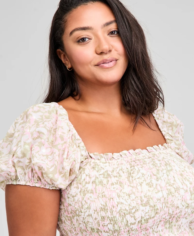 And Now This Trendy Plus Printed Puff-Sleeve Midi Dress, Exclusively at Macy's