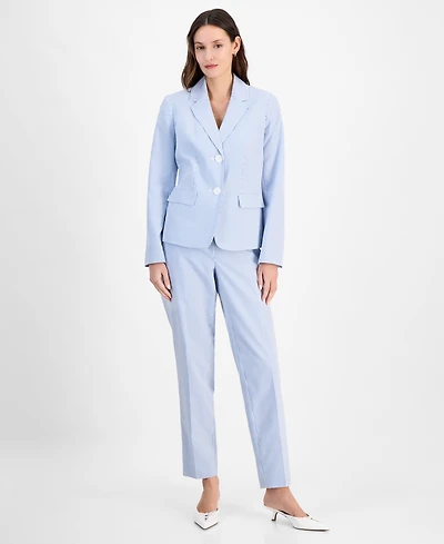 Le Suit Women's Seersucker Two-Button Notch-Collar & Mid-Rise Slim Pants, Regular Petite