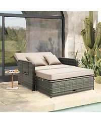 Patio Wicker Loveseat Sofa with Multipurpose Ottoman and Retractable Side Tray