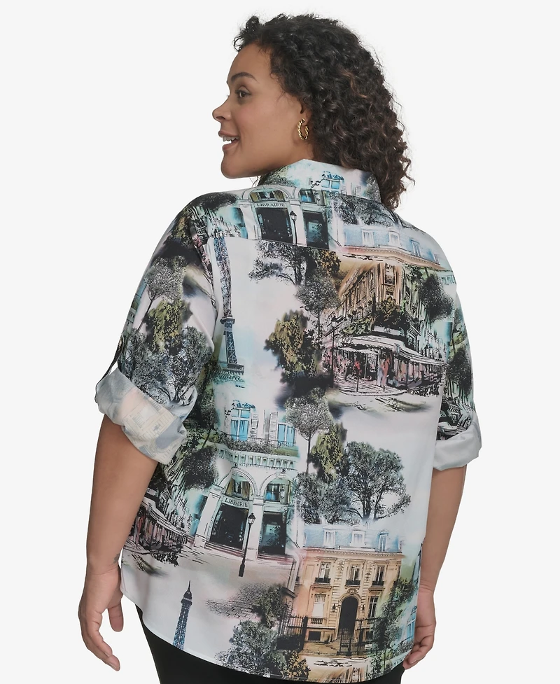 Karl Lagerfeld Paris Plus Size Whimsical Paris-Print Shirt, Exclusively at Macy's