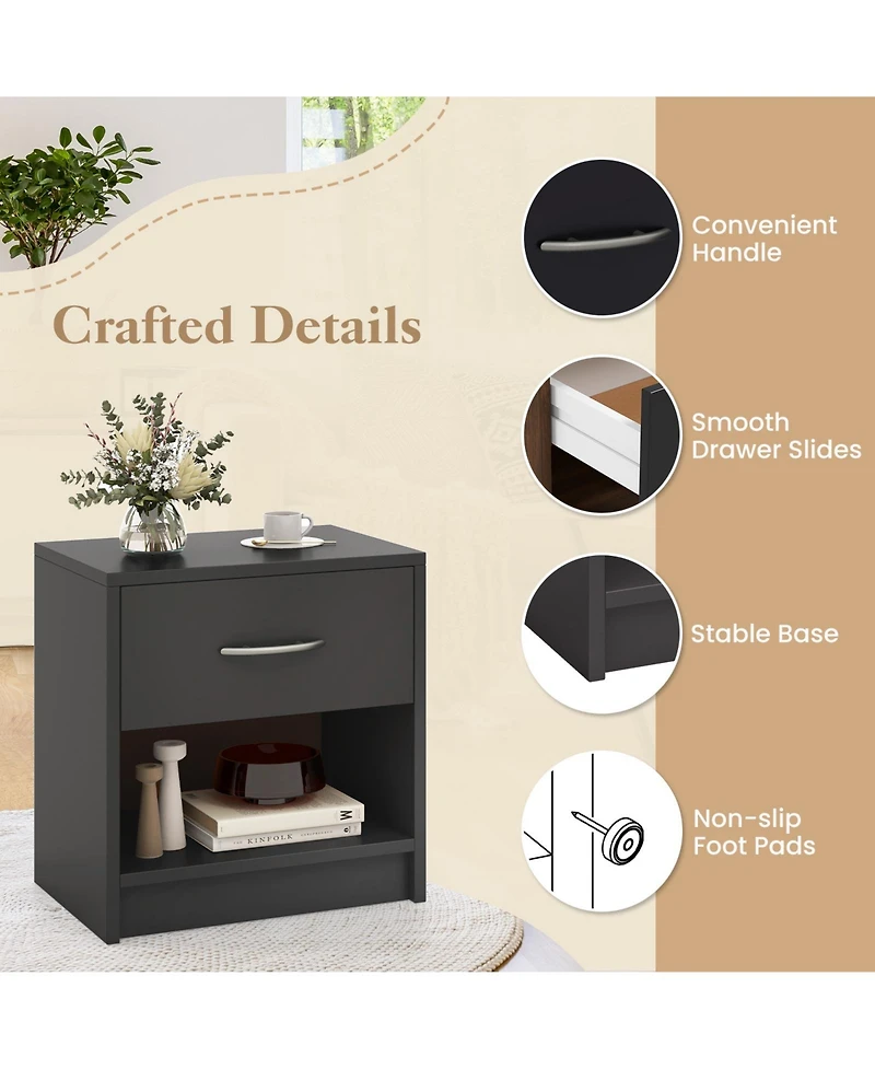Nightstand with Drawer and Open Shelf for Bedside Storage Bedroom or Guest Room