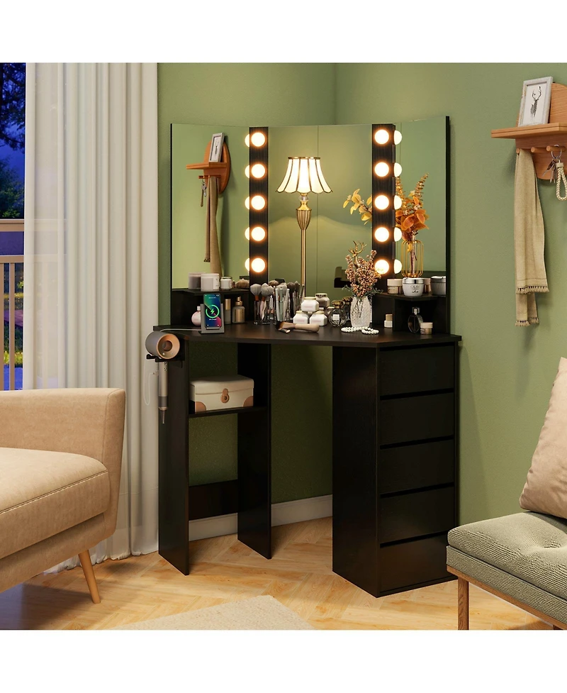 Corner Vanity Desk with 3-Color Led Lighted Mirror & Power Outlet Stylish Makeup for Bedroom