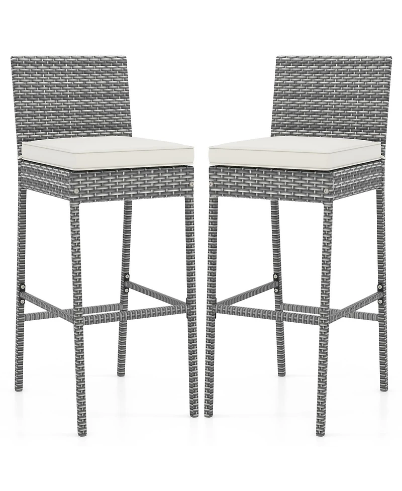 Patio Wicker Barstools with Soft Seat Cushion and Cozy Footrest-Set of