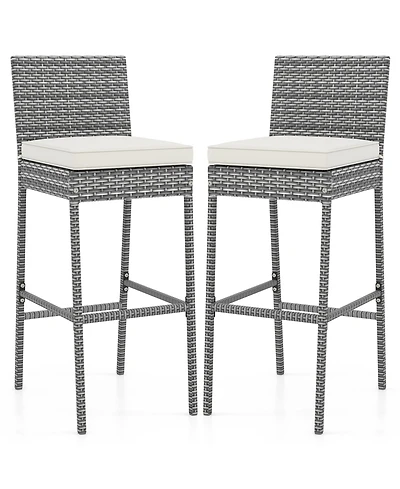 Patio Wicker Barstools with Soft Seat Cushion and Cozy Footrest-Set of