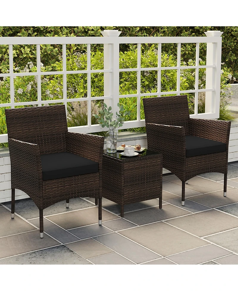 Gymax 3 Pcs Outdoor Conversation Set w/ Cushioned Seat & Tempered Glass Tabletop