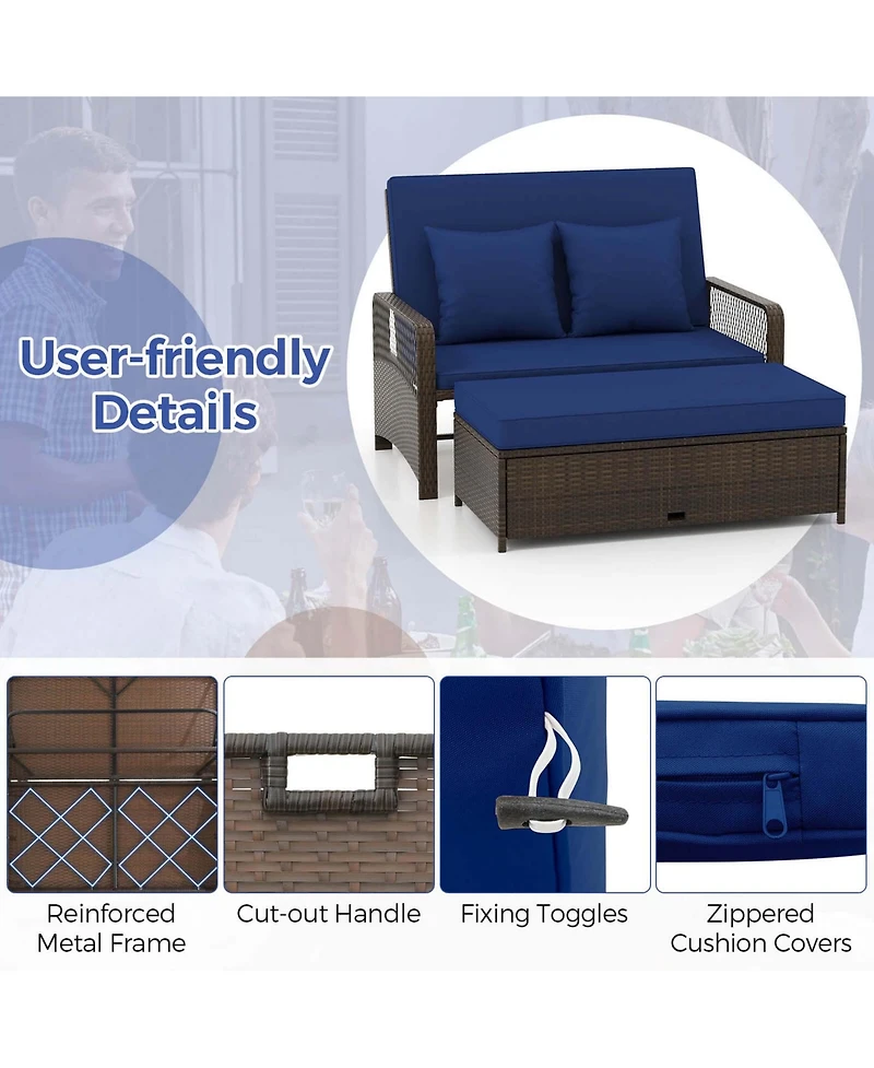 Patio Rattan Daybed Wicker Loveseat Sofa with Multifunctional Ottoman