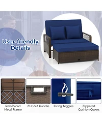 Patio Rattan Daybed Wicker Loveseat Sofa with Multifunctional Ottoman