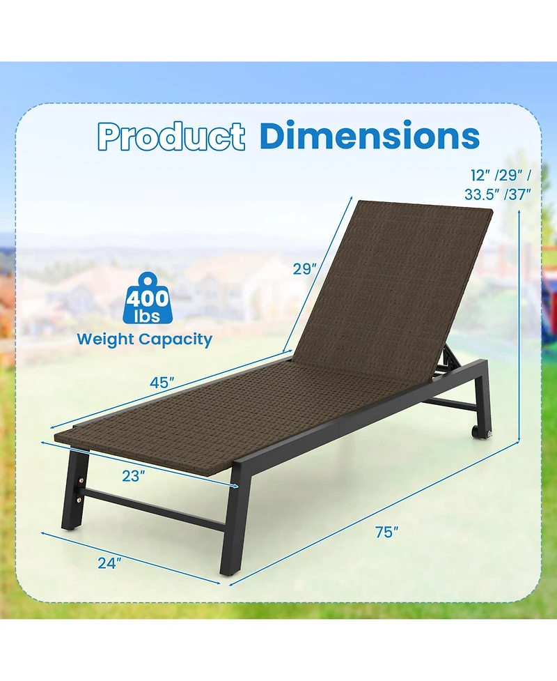 Pe Wicker Patio Chaise Lounge Chair with Wheels for Poolside Backyard and Deck