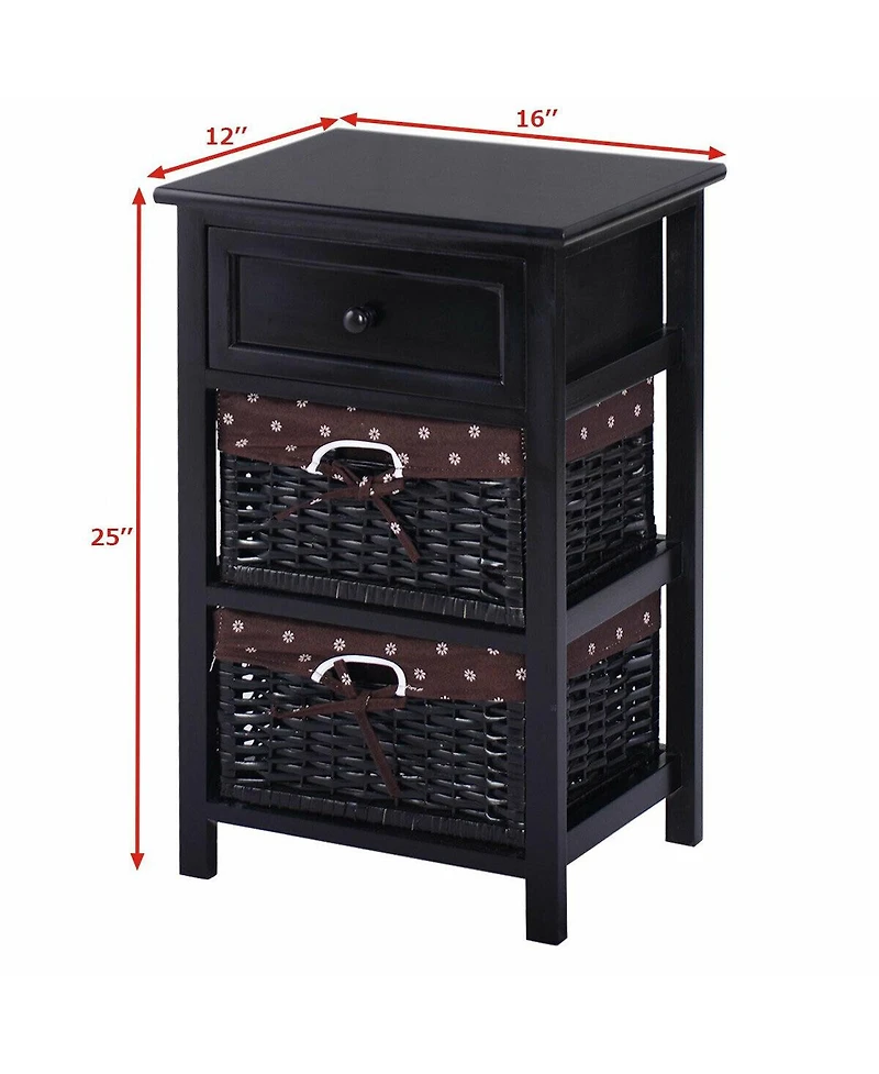 3 Tier Set of 2 Wood Nightstand with 1 and 2 Basket Drawer