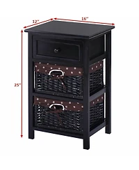 3 Tier Set of 2 Wood Nightstand with 1 and 2 Basket Drawer