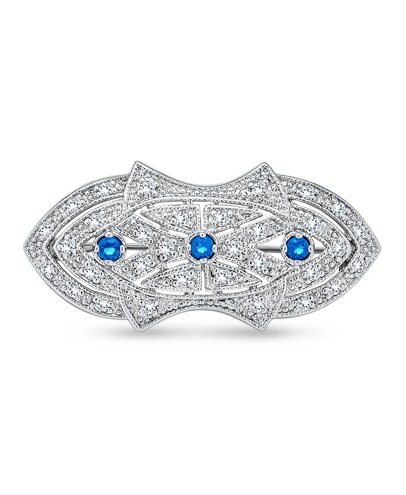 Bling Jewelry Art Deco Brooch Pin with Blue Cz Cubic Zirconia Rhodium Plated