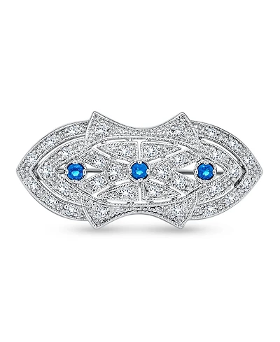 Bling Jewelry Art Deco Brooch Pin with Blue Cz Cubic Zirconia Rhodium Plated