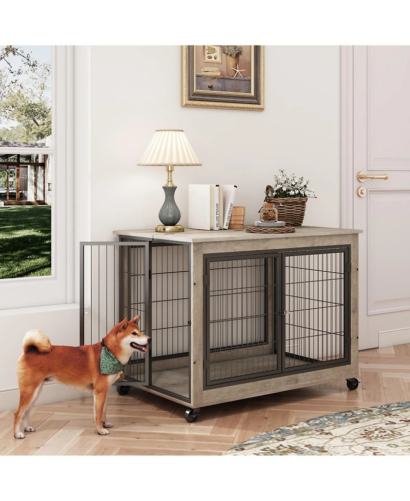 Furniture Style Dog Cage Crate with Double Doors Rustic Brown