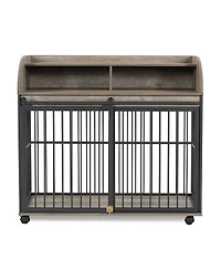 44'' Heavy Duty Large Dog Crate Furniture for Large Medium Dog with Lockable Wheels Grey