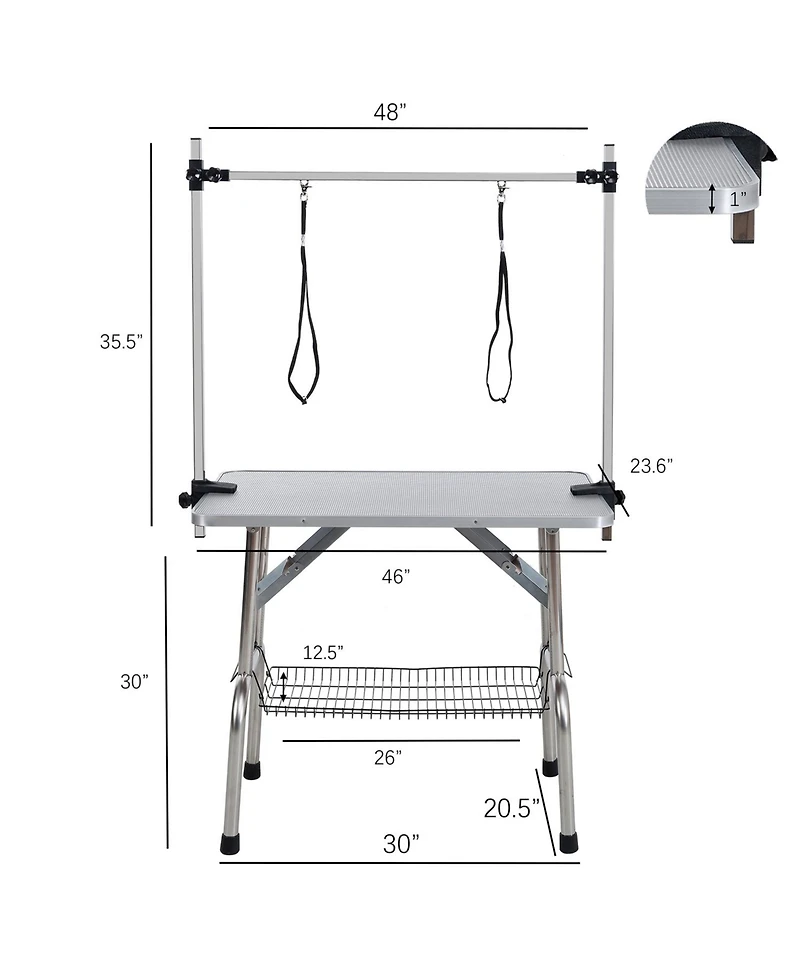 46" Folding Dog Pet Grooming Table Stainless Steel Frame Rubber Mat on Board with Adjustable Arm and Clamps pet dog Cat Grooming Table (Pink Color)