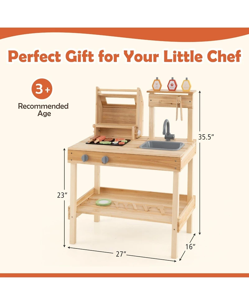 Wooden Barbecue Grill Playset with Play Food and Open Shelves