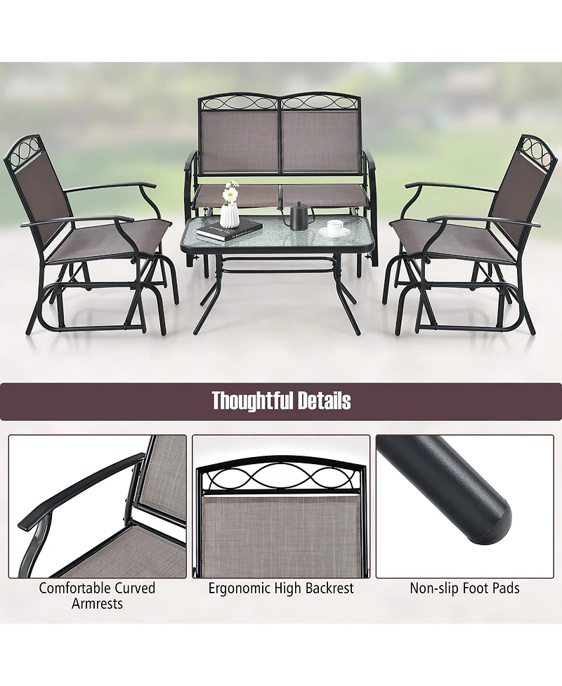 Gymax 2 Pcs Patio Glider Conversation Set Outdoor Loveseat Glider Chair w/ Tempered Glass Coffee Table