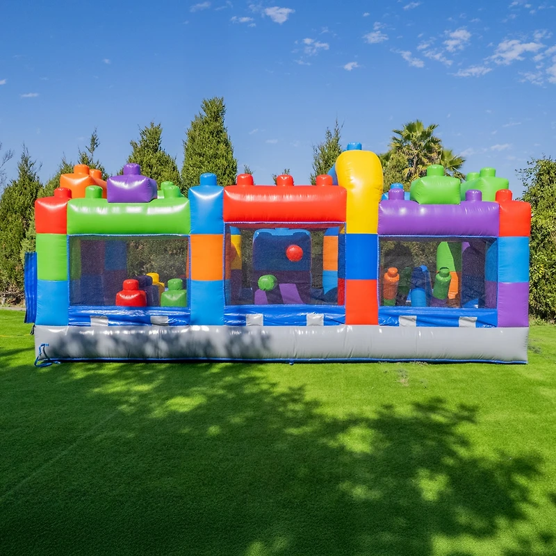 HeroKiddo 20FT Block Party Inflatable Obstacle Course with Air Blower, Commercial Grade 100% Pvc, Outdoor Play, Summer Fun, Kids and Adults