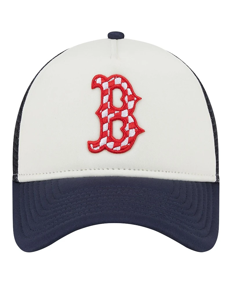 New Era Men's White/Navy Boston Red Sox Checkered Flag A-Frame Trucker 9FORTY Adjustable Hat