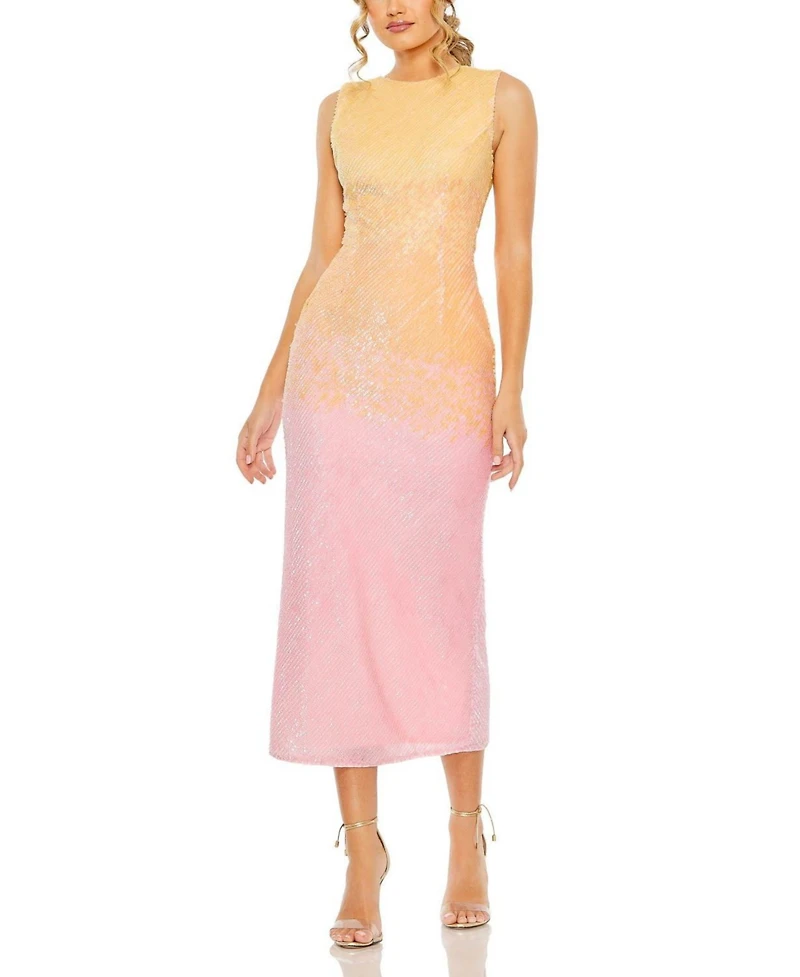 Women's High Neck Ombre Sequin Midi Sheath Dress