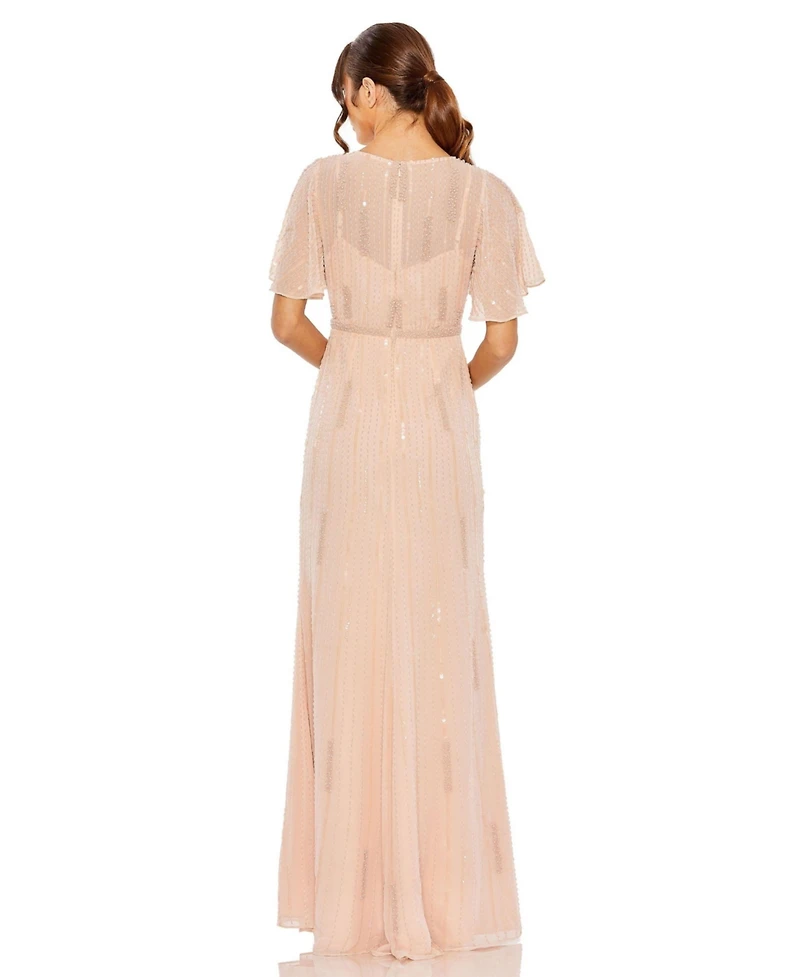 Women's High Neck Flutter Sleeve Embellished Gown
