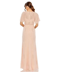 Women's High Neck Flutter Sleeve Embellished Gown