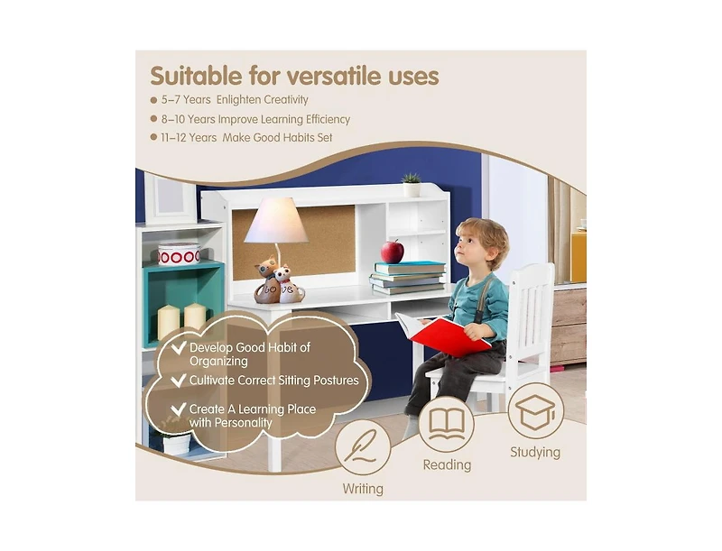 Kids Desk and Chair Set Study Writing Desk with Hutch and Bookshelves-White