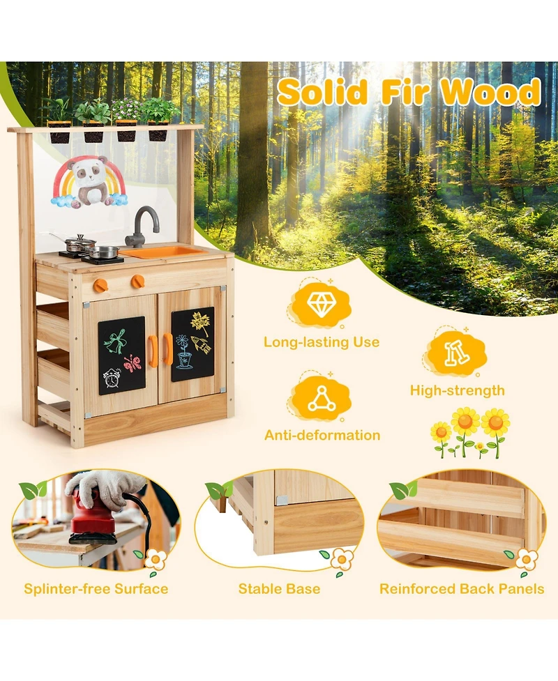 Kids Mud Kitchen Fir Wood Playset with Planting Pots and Blackboards