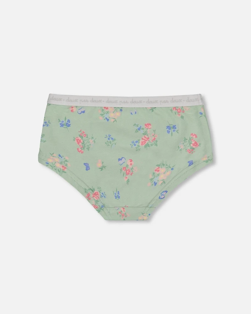 Girl Printed Cotton Boyshort Panty Small Pink And Blue Flowers On Light Sage - Toddler|Child