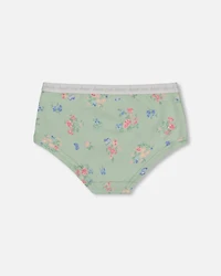 Girl Printed Cotton Boyshort Panty Small Pink And Blue Flowers On Light Sage - Toddler|Child