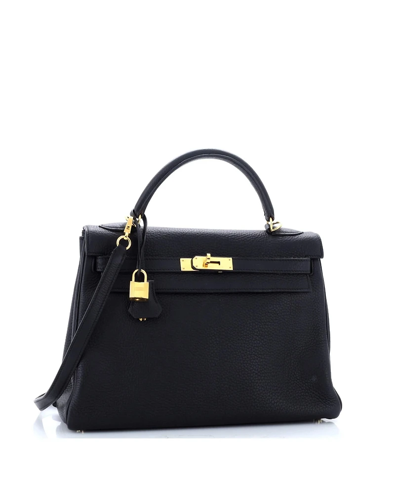 Pre-Owned Hermes Kelly 32 Handbag Black Clemence with Gold Hardware