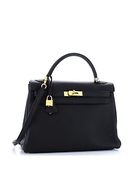 Pre-Owned Hermes Kelly 32 Handbag Black Clemence with Gold Hardware