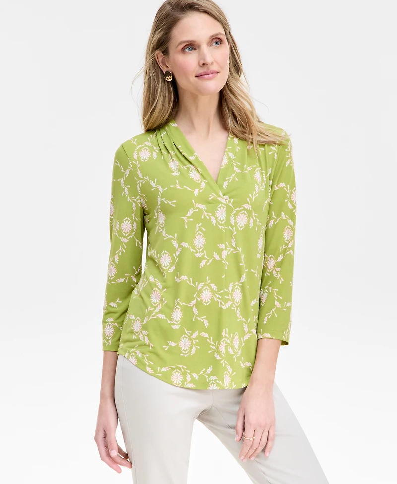 Jm Collection Women's Print & Solid 3/4 Sleeve V-Neck Knit Top, Created for Macy's