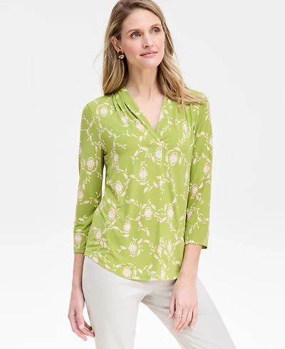 Jm Collection Women's Print & Solid 3/4 Sleeve V-Neck Knit Top, Created for Macy's