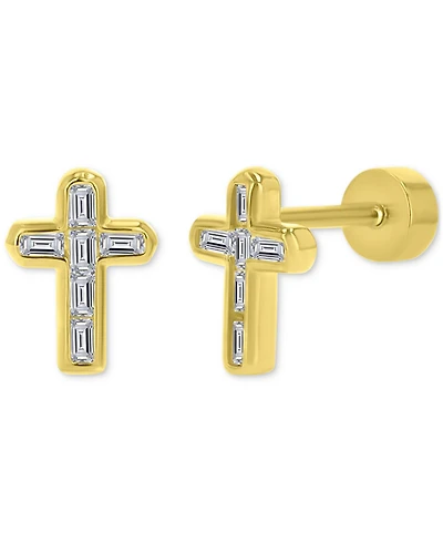 Cubic Zirconia Baguette Cross Stud Earrings in 14k Gold-Plated Sterling Silver