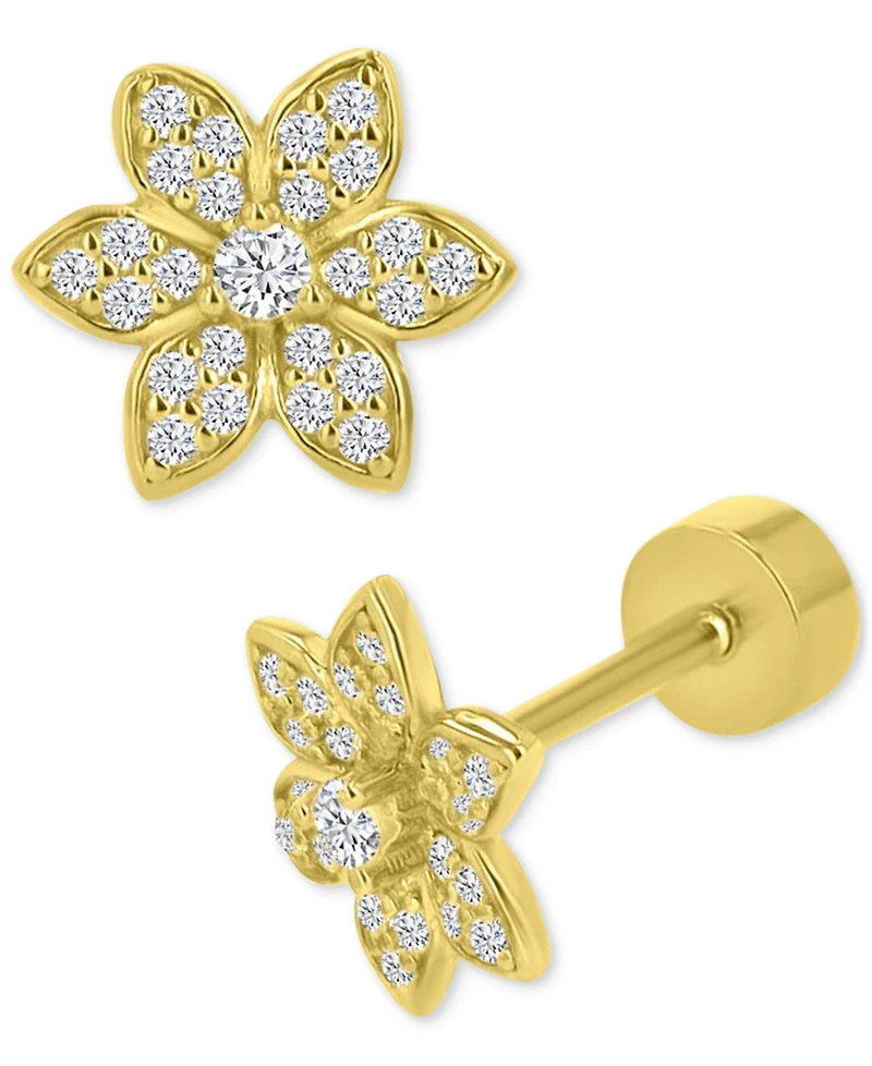 Cubic Zirconia Pave Flower Stud Earrings in 14k Gold-Plated Sterling Silver