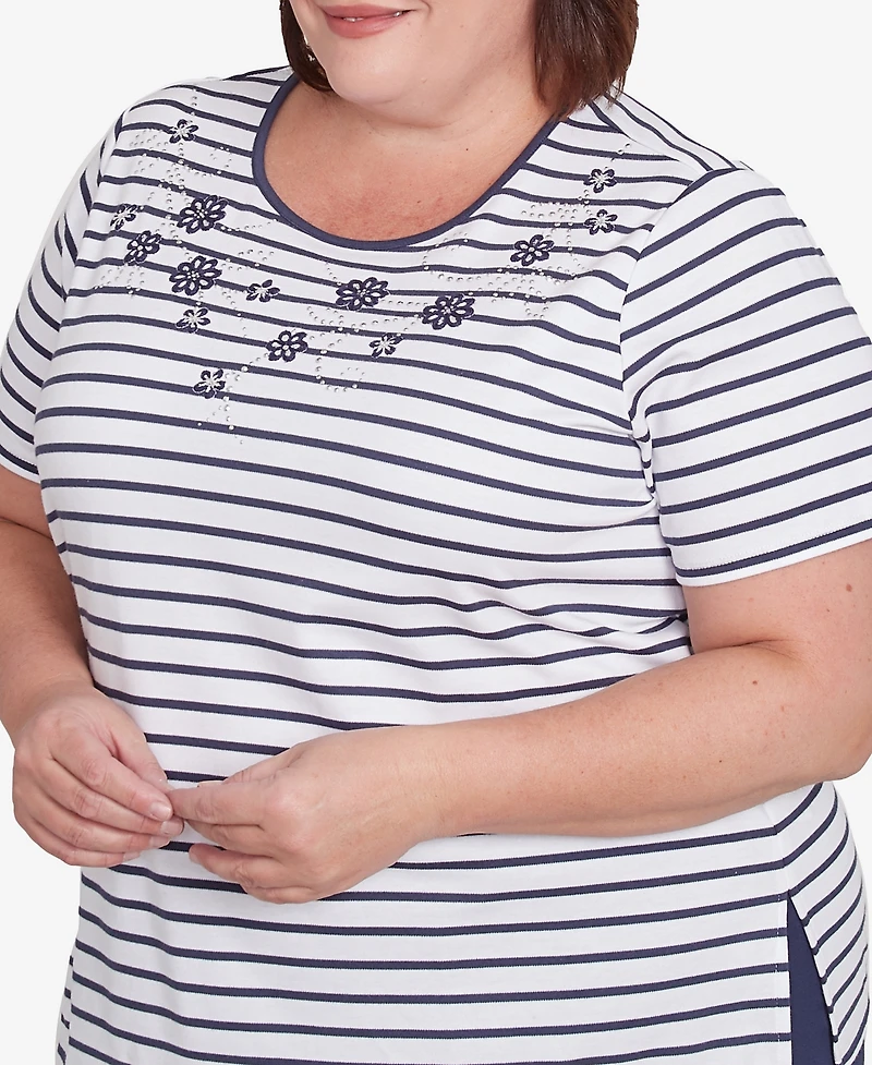 Alfred Dunner Plus Size Nantucket Beaded Floral Striped Crew Neck T-Shirt