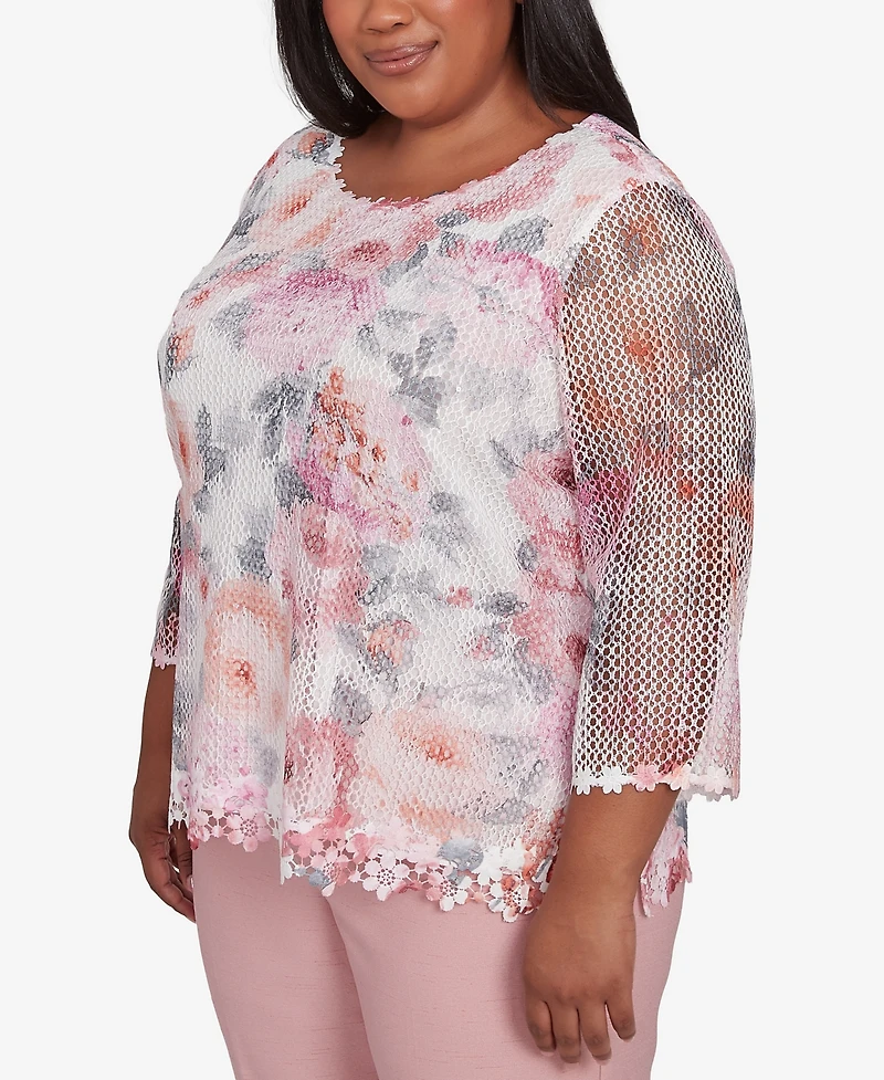 Alfred Dunner Plus Estate of Mind Floral Mesh Watercolor Crew Neck Top
