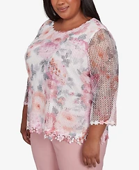 Alfred Dunner Plus Estate of Mind Floral Mesh Watercolor Crew Neck Top