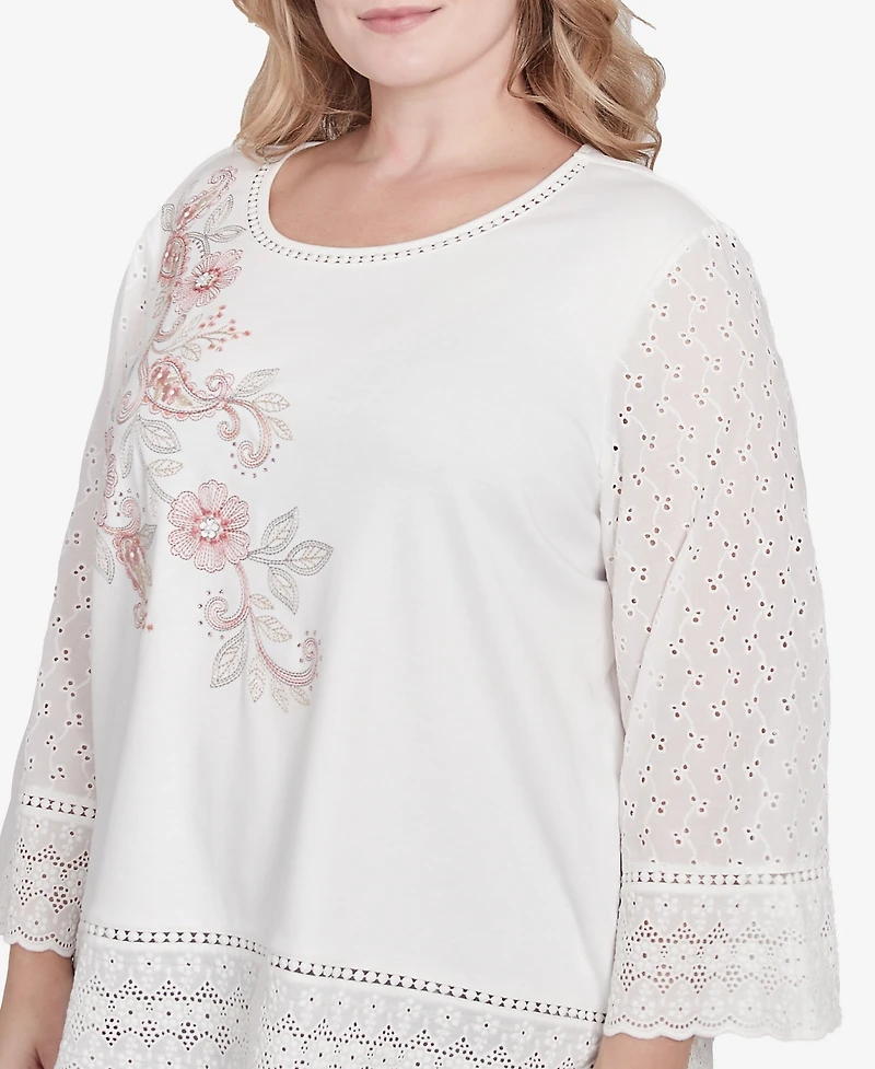 Alfred Dunner Plus Size Estate of Mind Embroidered Floral Eyelet Trim Top