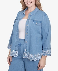 Alfred Dunner Plus Size Flower Power Denim Floral Embroidered Jacket