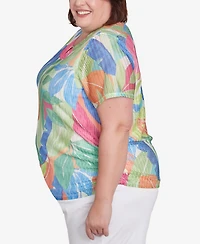 Alfred Dunner Plus Parrot Cay Textured Tropical Beaded Neck Top