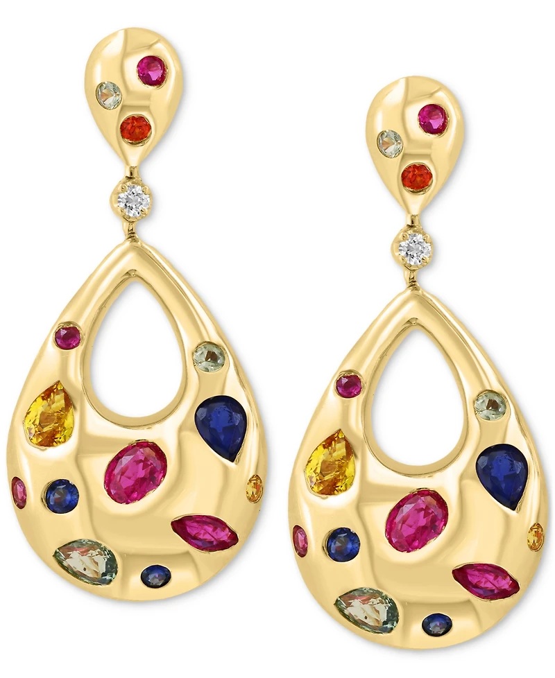 Effy Collection Diamond (1/20 ct. t.w.) & Multi Sapphire (2-1/3 ct. t.w.) Teardrop Earrings in 14k Gold Over Silver