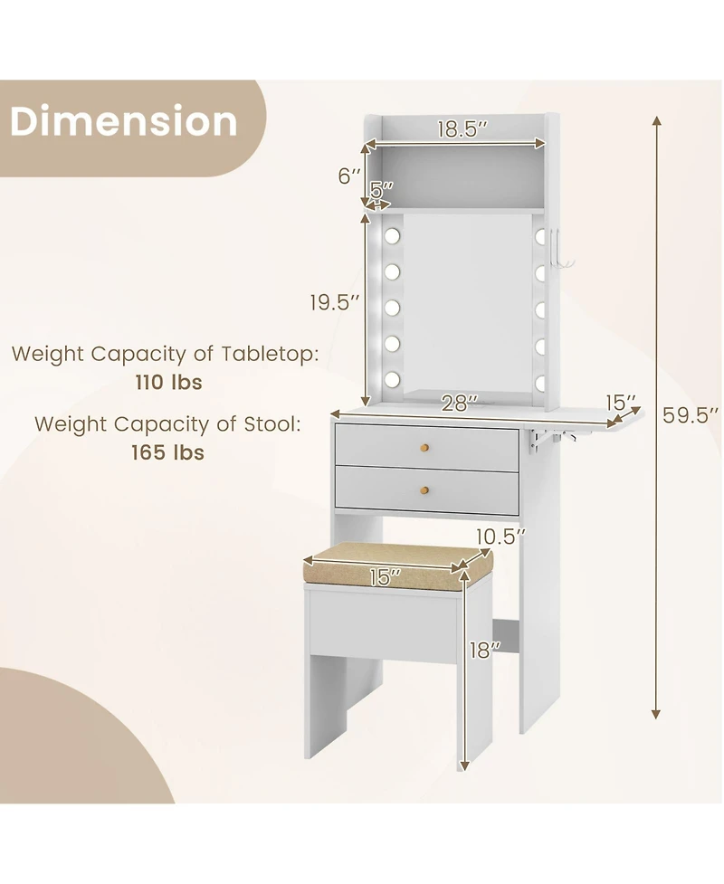 Compact Vanity Desk with 3-Color Lighted Mirror and Built-In Power Outlets
