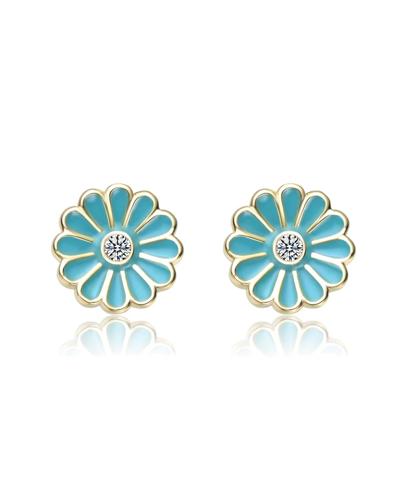 GiGiGirl Sterling Silver 14K Gold Plated with Clear Cubic Zirconia & Blue Enamel Flower Stud Earrings