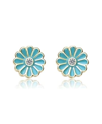 GiGiGirl Sterling Silver 14K Gold Plated with Clear Cubic Zirconia & Blue Enamel Flower Stud Earrings
