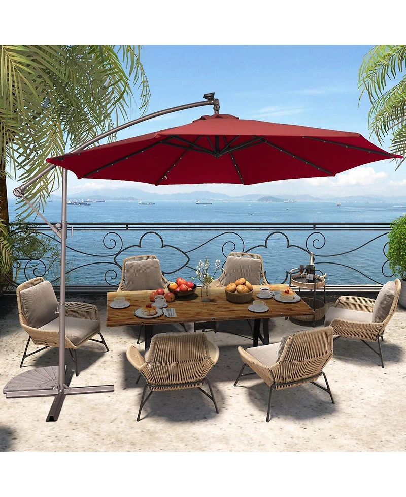 10 Ft Cantilever Patio Umbrella with Lights Offset Crank Large Outdoor Pool